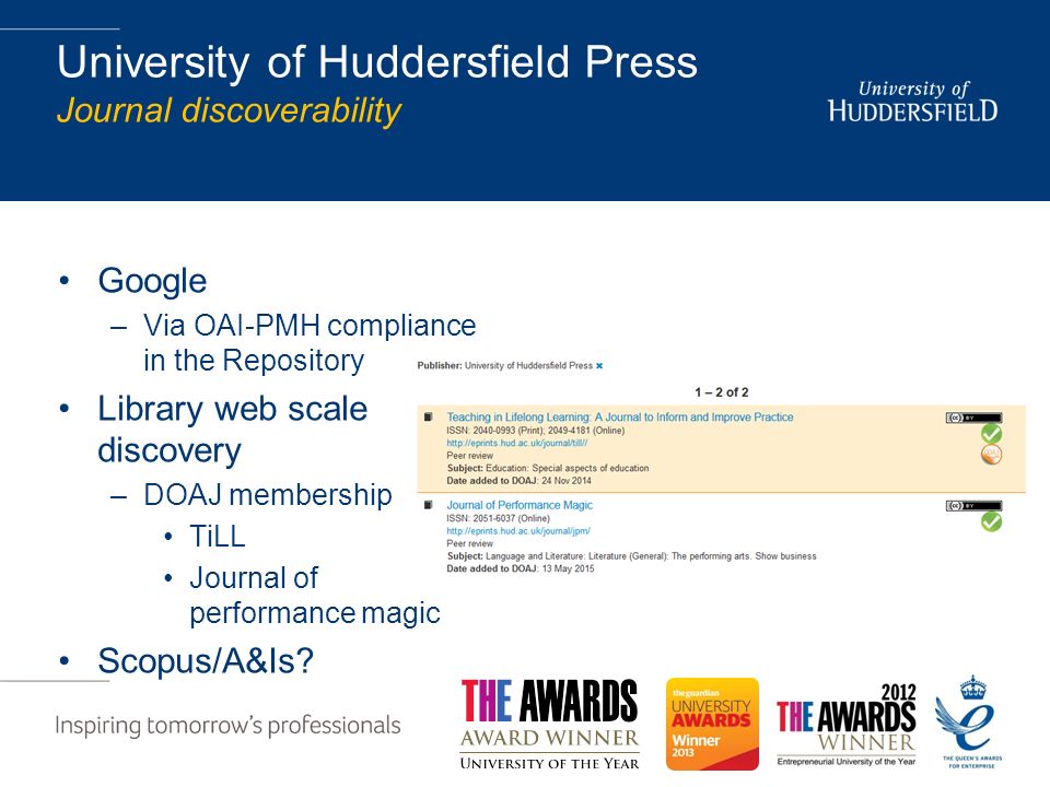 University of Huddersfield Press Journal discoverability Google –Via OAI-PMH compliance in the Repository Library web scale discovery –DOAJ membership TiLL Journal of performance magic Scopus/A&Is