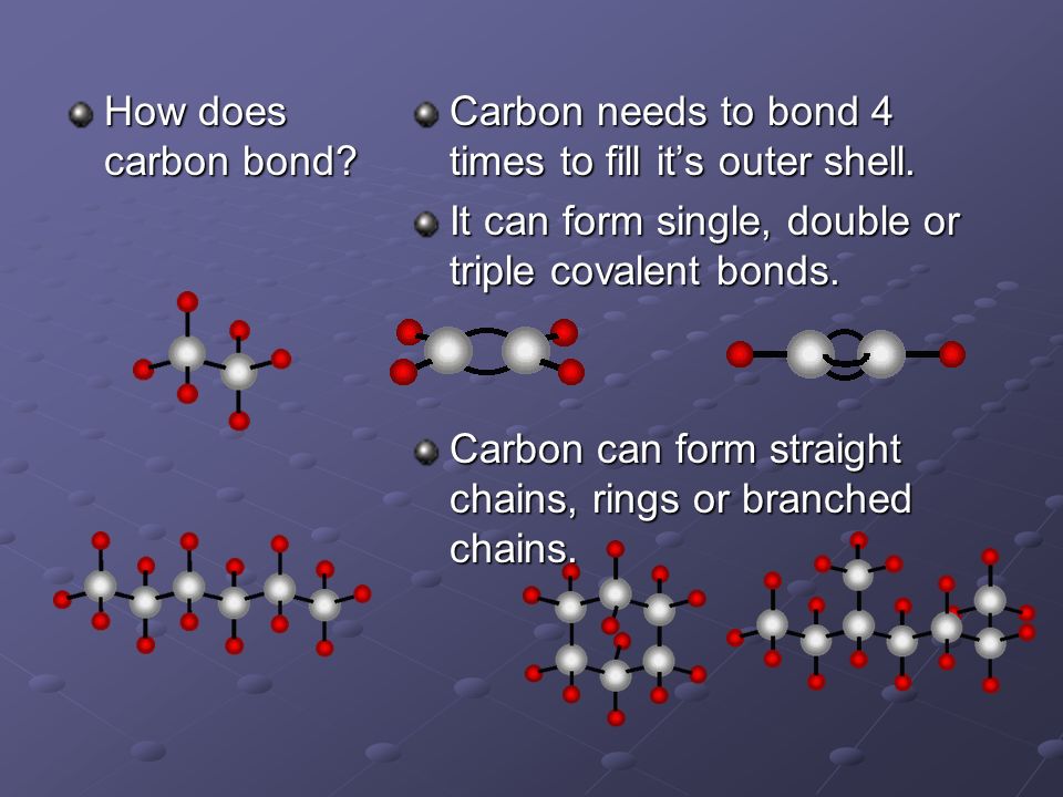 How does carbon bond. Carbon needs to bond 4 times to fill it’s outer shell.