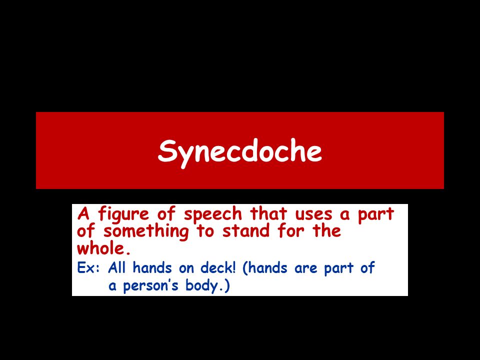 Synecdoche A figure of speech that uses a part of something to stand for the whole.