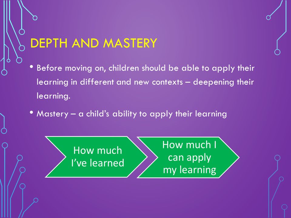 DEPTH AND MASTERY Before moving on, children should be able to apply their learning in different and new contexts – deepening their learning.
