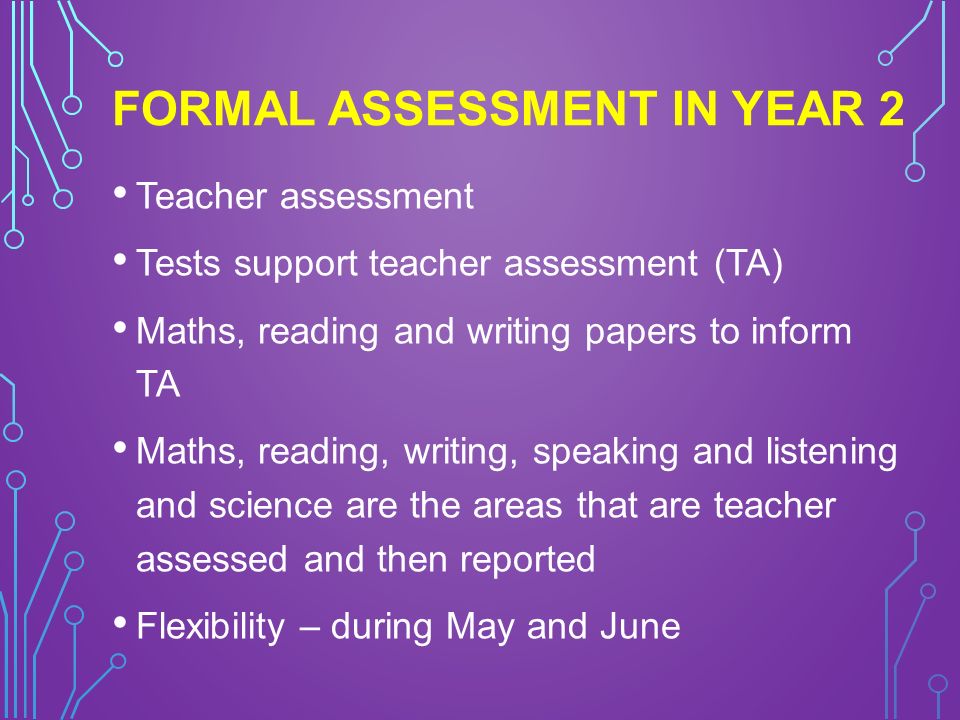 FORMAL ASSESSMENT IN YEAR 2 Teacher assessment Tests support teacher assessment (TA) Maths, reading and writing papers to inform TA Maths, reading, writing, speaking and listening and science are the areas that are teacher assessed and then reported Flexibility – during May and June