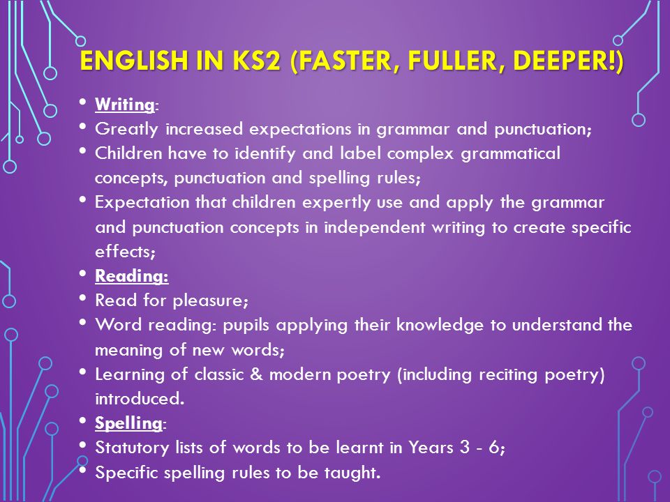 ENGLISH IN KS2 (FASTER, FULLER, DEEPER!) Writing: Greatly increased expectations in grammar and punctuation; Children have to identify and label complex grammatical concepts, punctuation and spelling rules; Expectation that children expertly use and apply the grammar and punctuation concepts in independent writing to create specific effects; Reading: Read for pleasure; Word reading: pupils applying their knowledge to understand the meaning of new words; Learning of classic & modern poetry (including reciting poetry) introduced.
