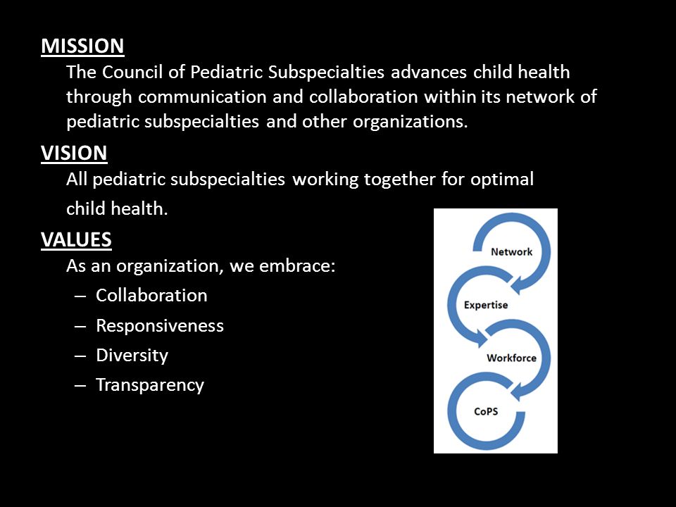 MISSION The Council of Pediatric Subspecialties advances child health through communication and collaboration within its network of pediatric subspecialties and other organizations.