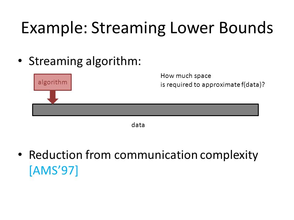 Example: Streaming Lower Bounds Streaming algorithm: Reduction from communication complexity [AMS’97] data algorithm How much space is required to approximate f(data)