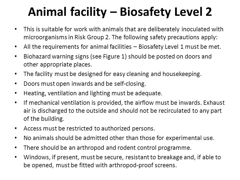 Animal facility – Biosafety Level 2 This is suitable for work with animals that are deliberately inoculated with microorganisms in Risk Group 2.
