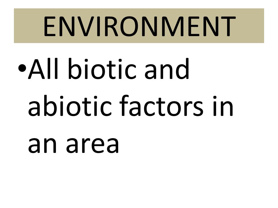ENVIRONMENT All biotic and abiotic factors in an area
