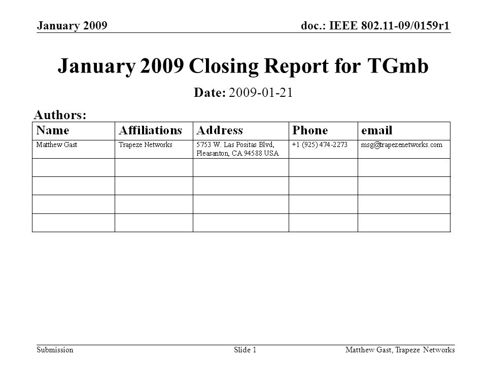 doc.: IEEE /0159r1 Submission January 2009 Matthew Gast, Trapeze NetworksSlide 1 January 2009 Closing Report for TGmb Date: Authors: