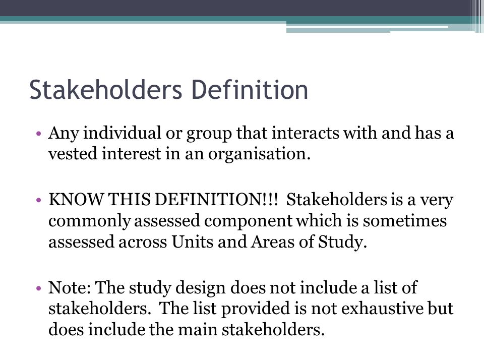 Stakeholder of LSOs. Stakeholders Definition Any individual or group that  interacts with and has a vested interest in an organisation. KNOW THIS  DEFINITION!!! - ppt download