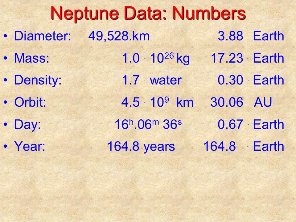 Neptune Data: Numbers Diameter:49,528.km3.88. Earth Mass:1.0.