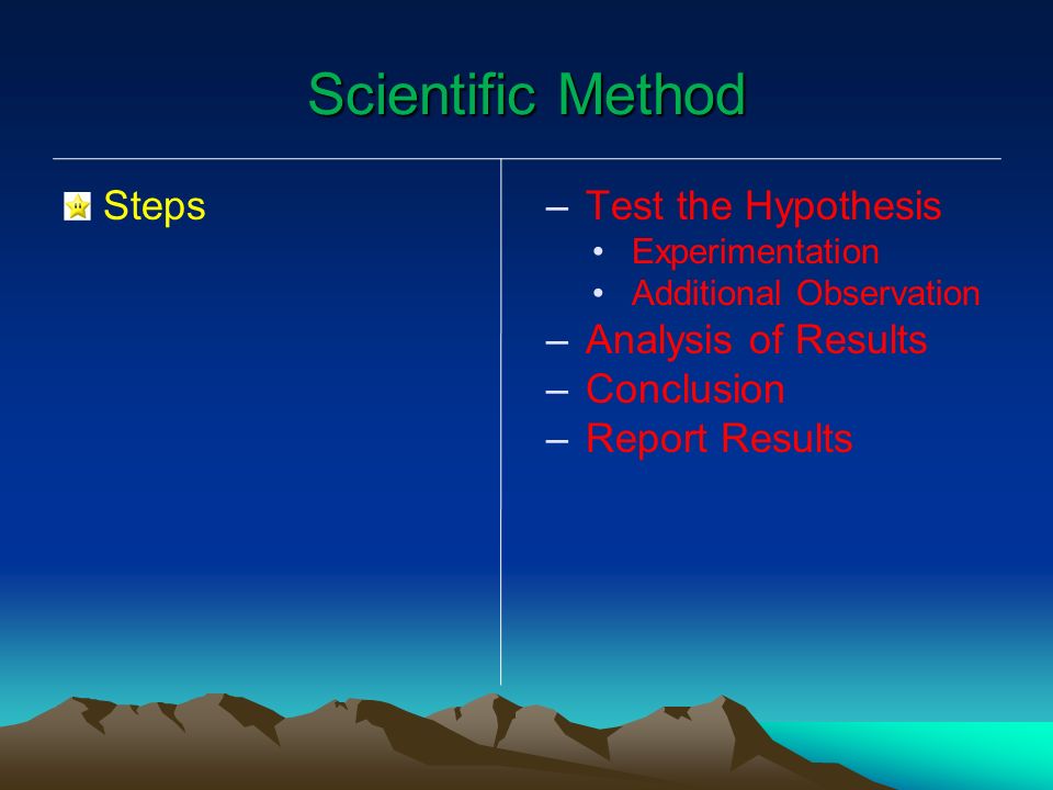 Scientific Method Steps – –Test the Hypothesis Experimentation Additional Observation – –Analysis of Results – –Conclusion – –Report Results