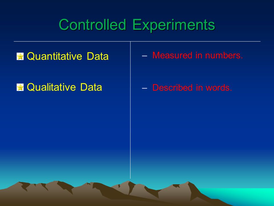 Controlled Experiments Quantitative Data Qualitative Data –Measured in numbers.