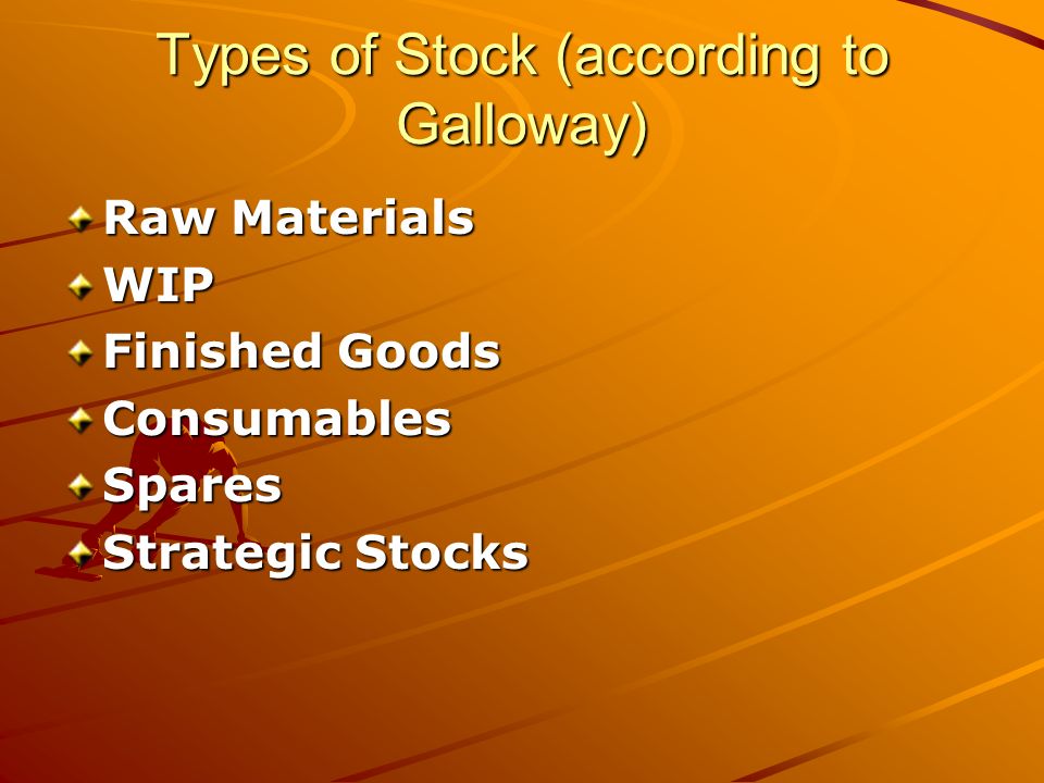 Types of Stock (according to Galloway) Raw Materials WIP Finished Goods ConsumablesSpares Strategic Stocks