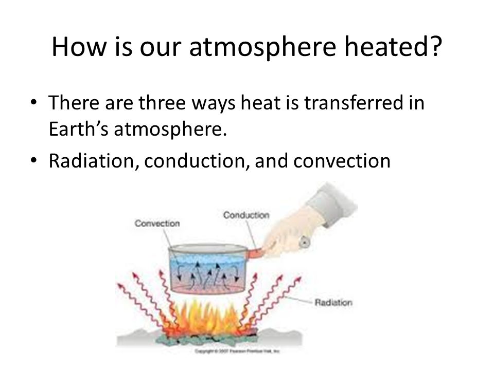 How is our atmosphere heated. There are three ways heat is transferred in Earth’s atmosphere.