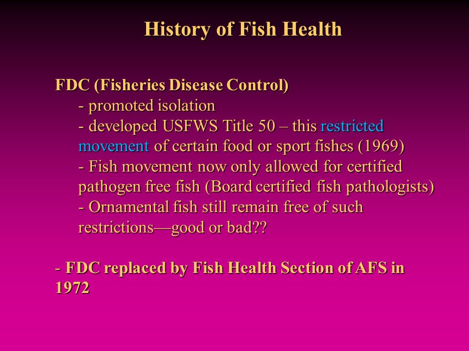 History of Fish Health FDC (Fisheries Disease Control) - promoted isolation - developed USFWS Title 50 – this restricted movement of certain food or sport fishes (1969) - Fish movement now only allowed for certified pathogen free fish (Board certified fish pathologists) - Ornamental fish still remain free of such restrictions—good or bad .
