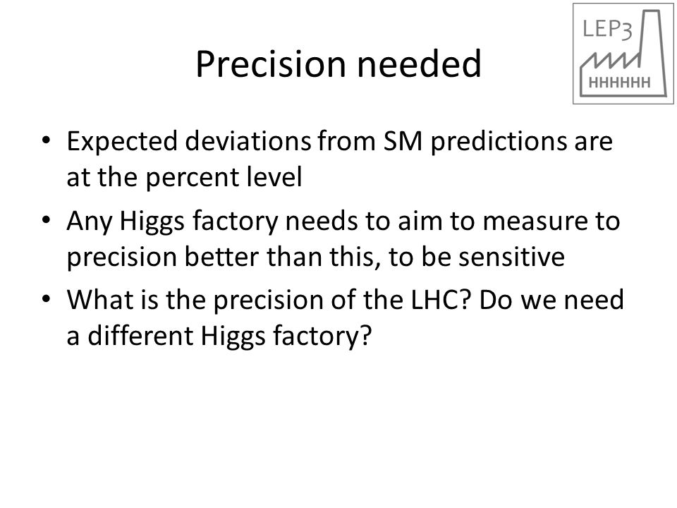 Precision needed Expected deviations from SM predictions are at the percent level Any Higgs factory needs to aim to measure to precision better than this, to be sensitive What is the precision of the LHC.