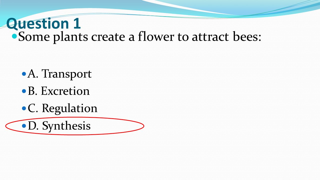 Question 1 Some plants create a flower to attract bees: A.