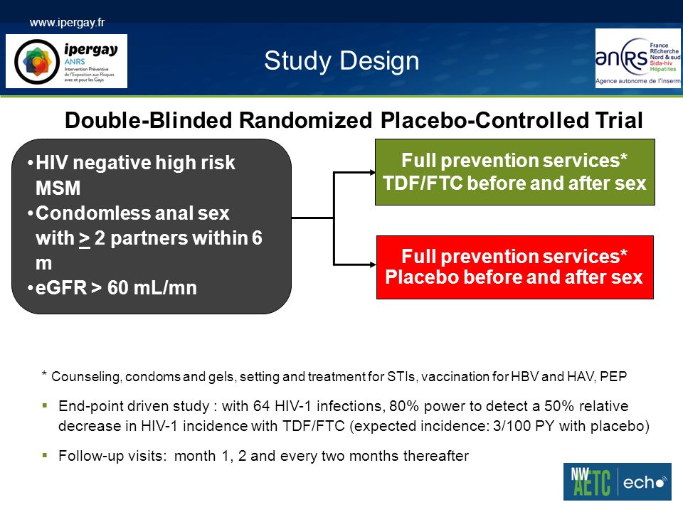 Study Design   HIV negative high risk MSM Condomless anal sex with > 2 partners within 6 m eGFR > 60 mL/mn Full prevention services* TDF/FTC before and after sex Full prevention services* Placebo before and after sex * Counseling, condoms and gels, setting and treatment for STIs, vaccination for HBV and HAV, PEP  End-point driven study : with 64 HIV-1 infections, 80% power to detect a 50% relative decrease in HIV-1 incidence with TDF/FTC (expected incidence: 3/100 PY with placebo)  Follow-up visits: month 1, 2 and every two months thereafter Double-Blinded Randomized Placebo-Controlled Trial