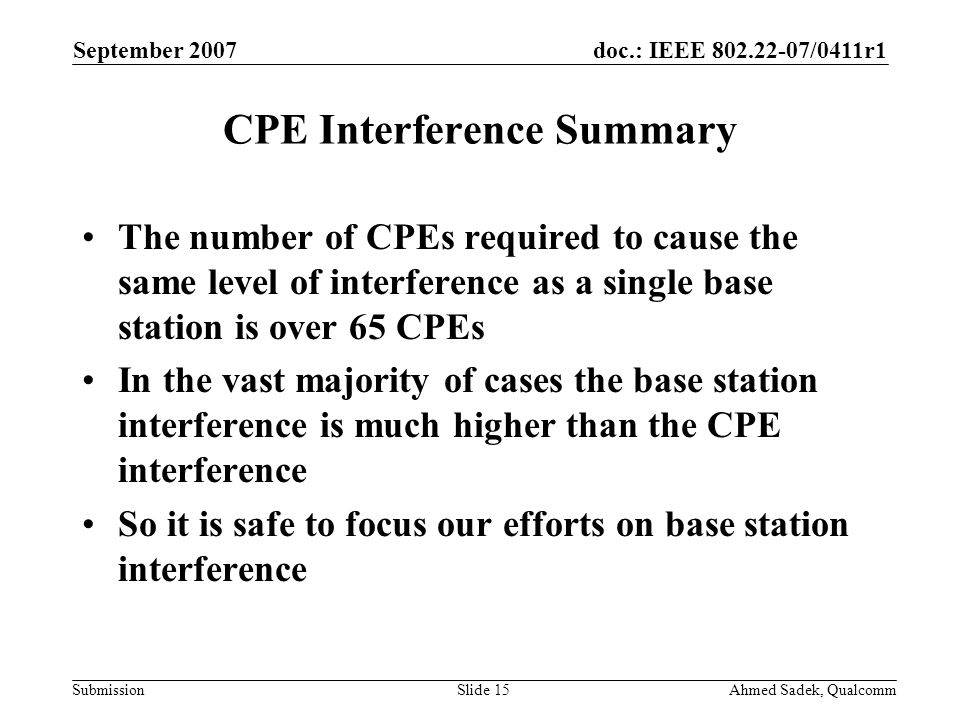 doc.: IEEE /0411r1 Submission September 2007 Ahmed Sadek, QualcommSlide 15 CPE Interference Summary The number of CPEs required to cause the same level of interference as a single base station is over 65 CPEs In the vast majority of cases the base station interference is much higher than the CPE interference So it is safe to focus our efforts on base station interference