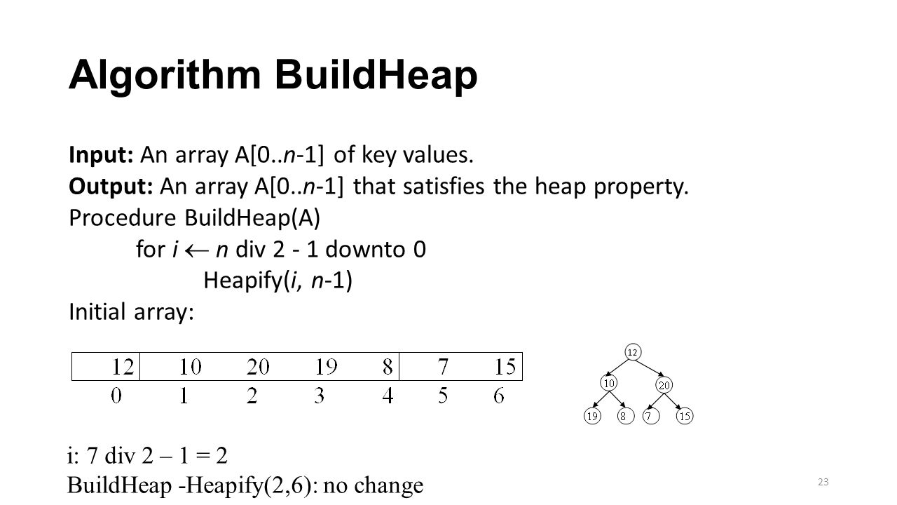 Algorithm BuildHeap Input: An array A[0..n-1] of key values.