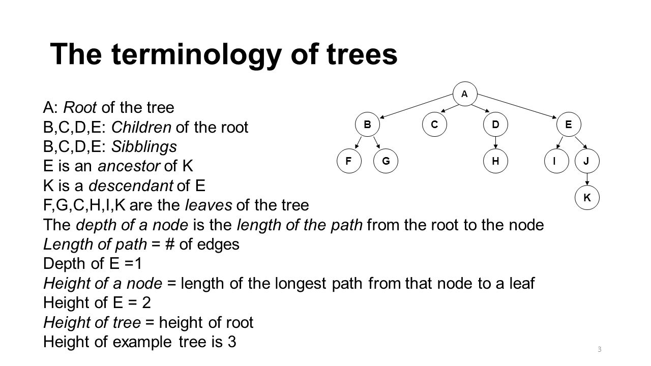 The terminology of trees 3 B HGF EDC K JI A: Root of the tree B,C,D,E: Children of the root B,C,D,E: Sibblings E is an ancestor of K K is a descendant of E F,G,C,H,I,K are the leaves of the tree The depth of a node is the length of the path from the root to the node Length of path = # of edges Depth of E =1 Height of a node = length of the longest path from that node to a leaf Height of E = 2 Height of tree = height of root Height of example tree is 3 A