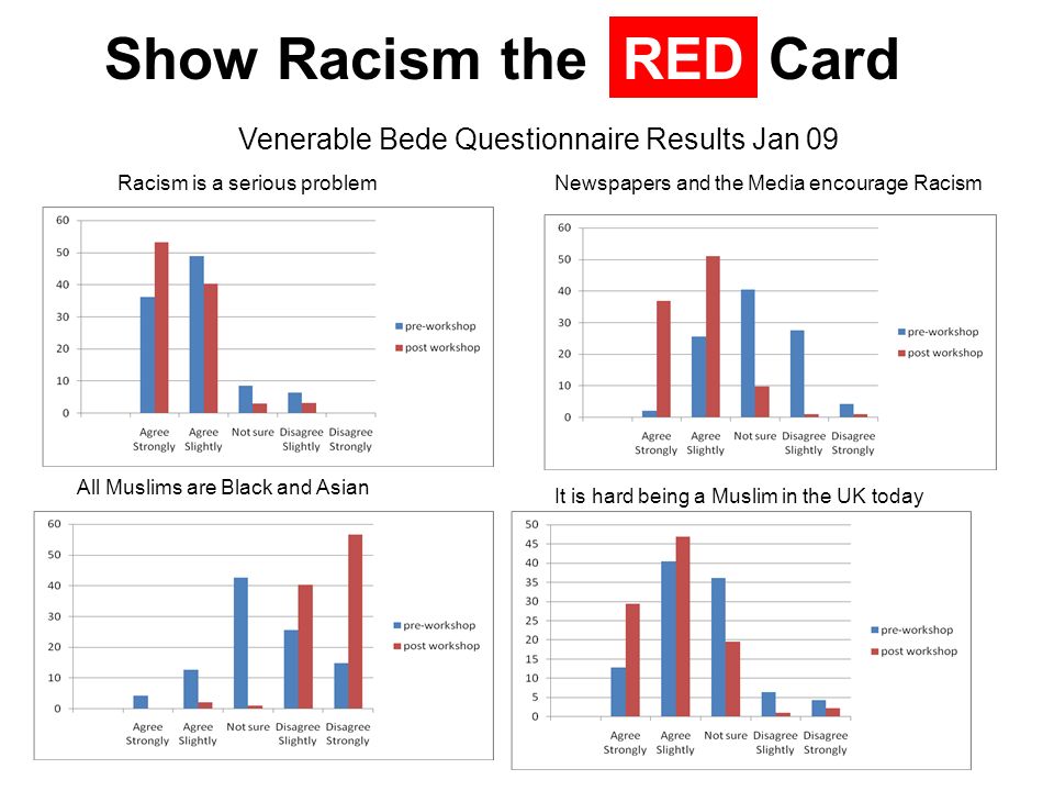 All Muslims are Black and Asian Racism is a serious problemNewspapers and the Media encourage Racism It is hard being a Muslim in the UK today Show Racism the CardRED Venerable Bede Questionnaire Results Jan 09