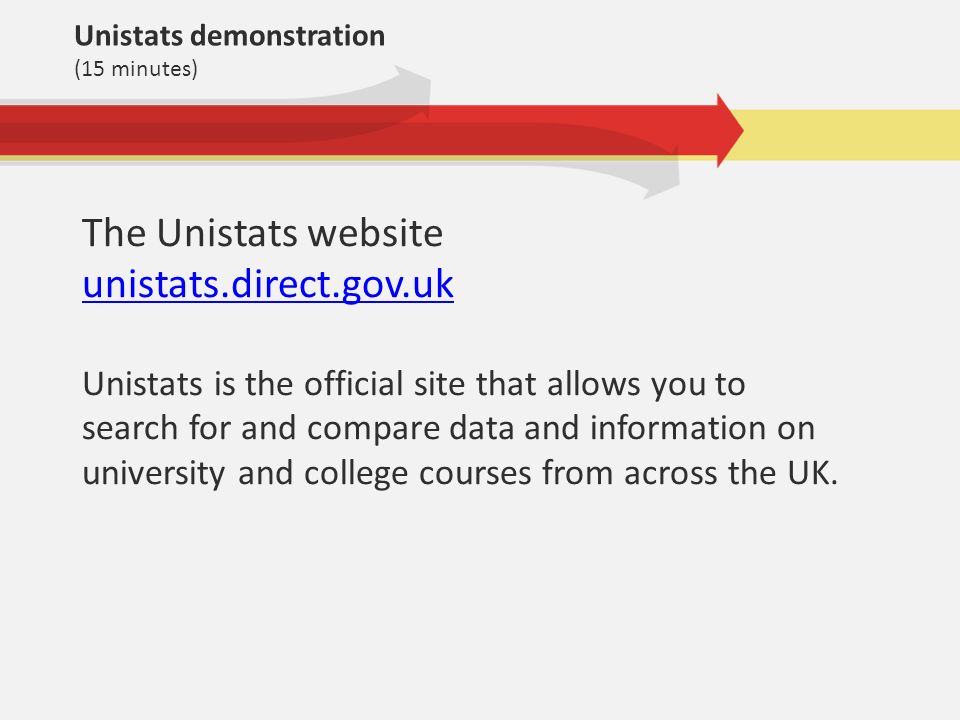 The Unistats website unistats.direct.gov.uk Unistats is the official site that allows you to search for and compare data and information on university and college courses from across the UK.