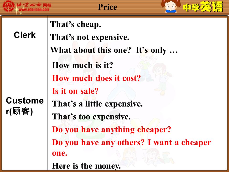 Clerk Custome r( 顾客 ) Price That’s cheap. That’s not expensive.
