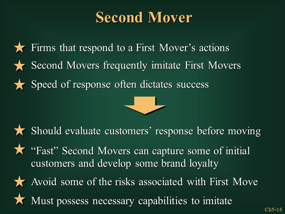 Ch5-18 Second Mover Firms that respond to a First Mover’s actions Second Movers frequently imitate First Movers Speed of response often dictates success Should evaluate customers’ response before moving Fast Second Movers can capture some of initial customers and develop some brand loyalty Avoid some of the risks associated with First Move Must possess necessary capabilities to imitate