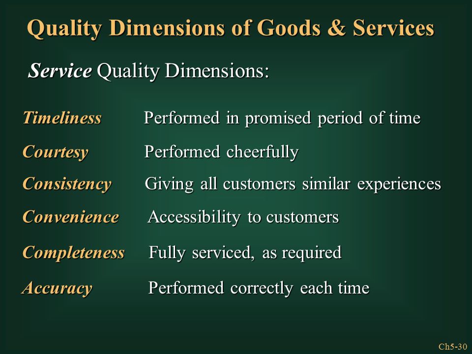 Ch5-30 Quality Dimensions of Goods & Services Service Quality Dimensions: Timeliness Performed in promised period of time Courtesy Performed cheerfully Consistency Giving all customers similar experiences Convenience Accessibility to customers Completeness Fully serviced, as required Accuracy Performed correctly each time