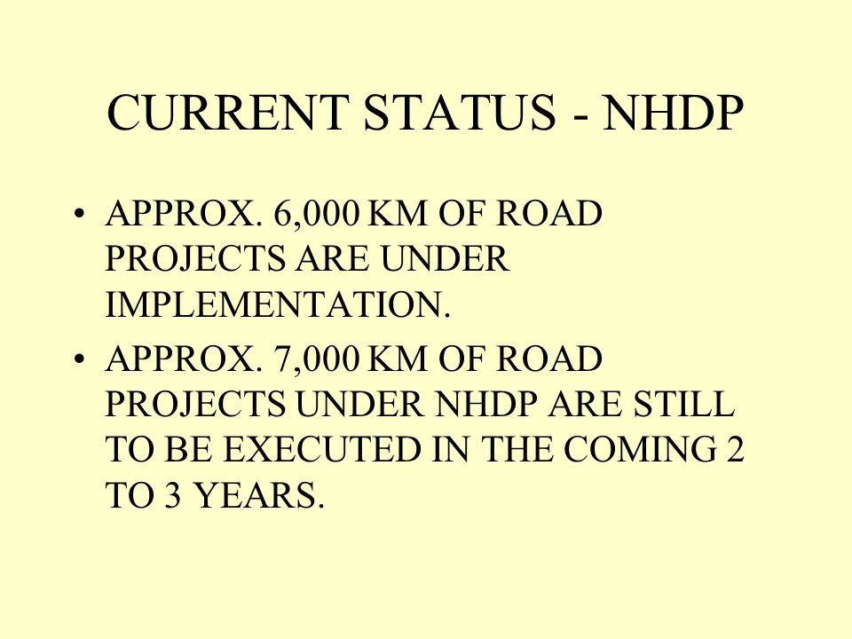 CURRENT STATUS - NHDP APPROX. 6,000 KM OF ROAD PROJECTS ARE UNDER IMPLEMENTATION.