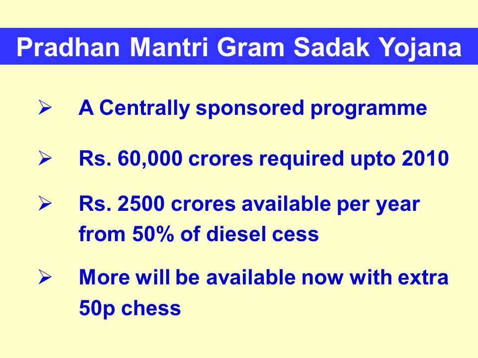 Pradhan Mantri Gram Sadak Yojana  A Centrally sponsored programme  Rs.