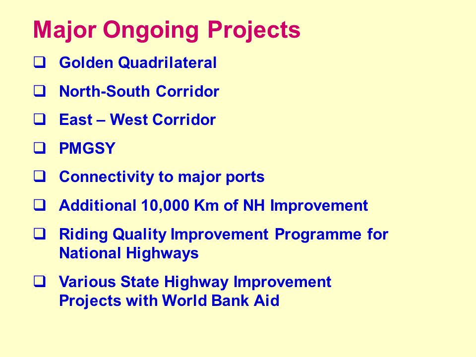 Major Ongoing Projects  Golden Quadrilateral  North-South Corridor  East – West Corridor  PMGSY  Connectivity to major ports  Additional 10,000 Km of NH Improvement  Riding Quality Improvement Programme for National Highways  Various State Highway Improvement Projects with World Bank Aid