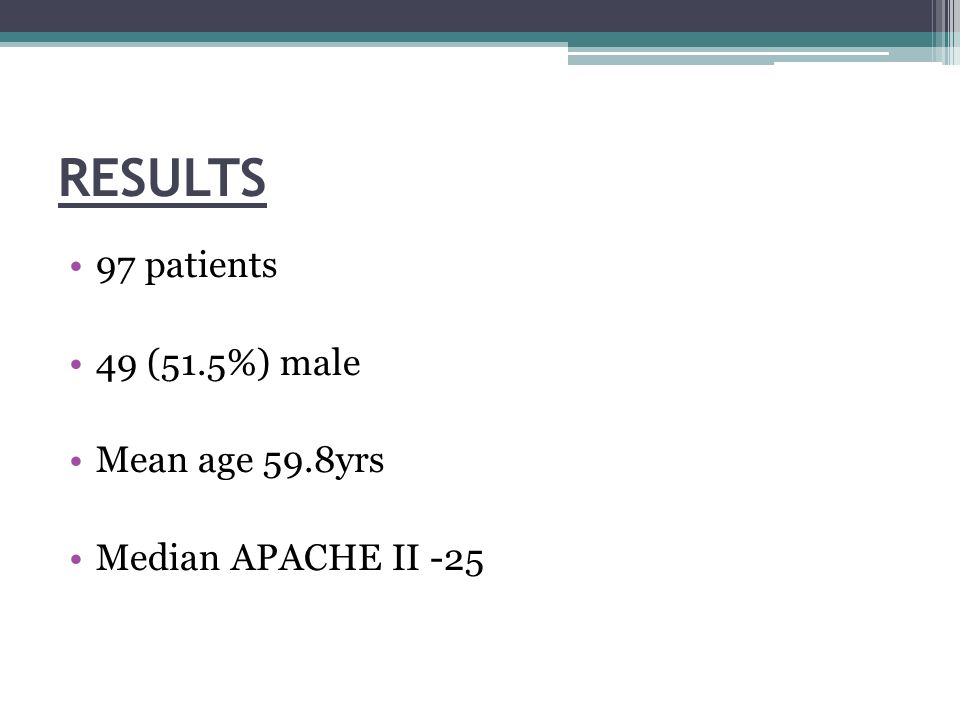 RESULTS 97 patients 49 (51.5%) male Mean age 59.8yrs Median APACHE II -25