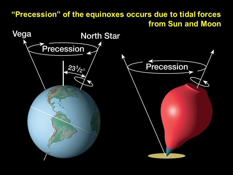Precession of the equinoxes occurs due to tidal forces from Sun and Moon