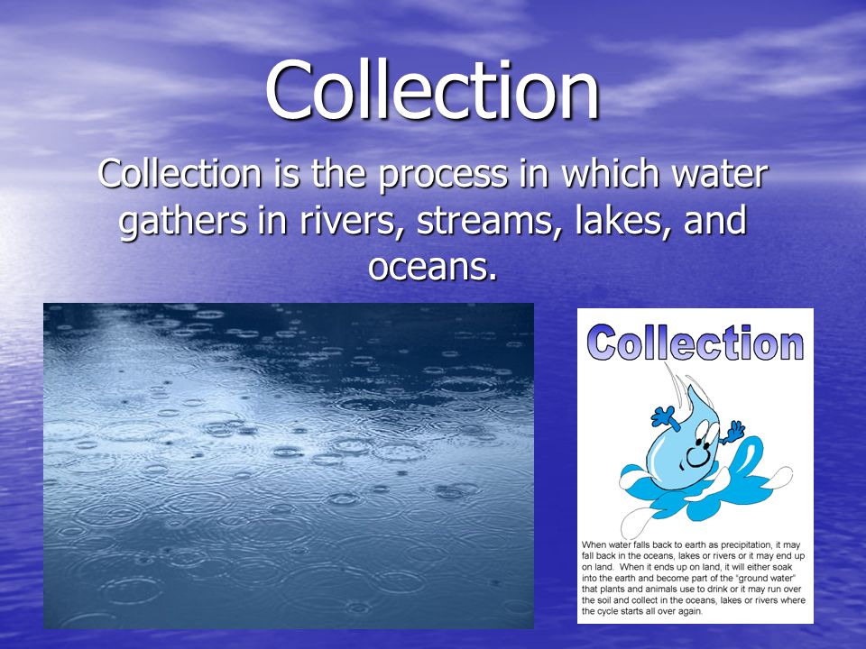 Collection Collection is the process in which water gathers in rivers, streams, lakes, and oceans.