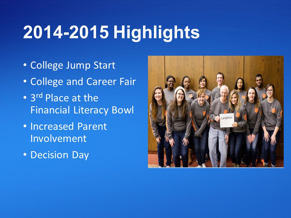 Highlights College Jump Start College and Career Fair 3 rd Place at the Financial Literacy Bowl Increased Parent Involvement Decision Day