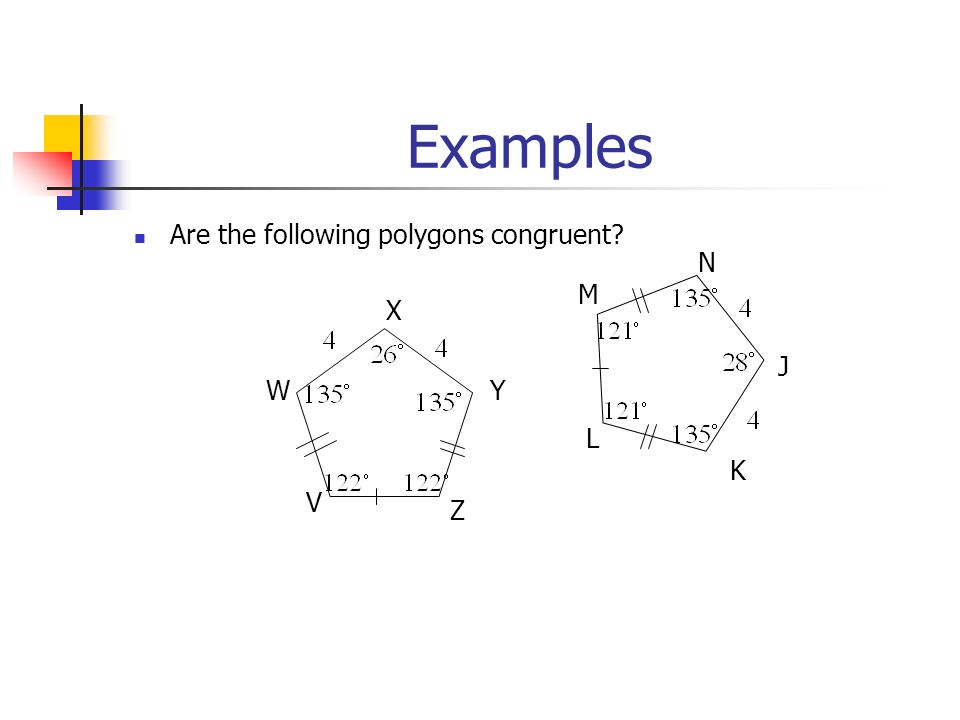 Examples Are the following polygons congruent W V X Y Z M L N J K
