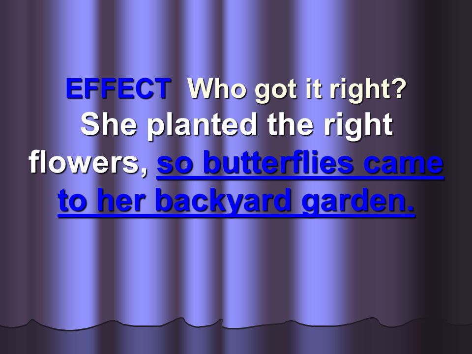 CAUSE or EFFECT. She planted the right flowers, so butterflies came to her backyard garden.