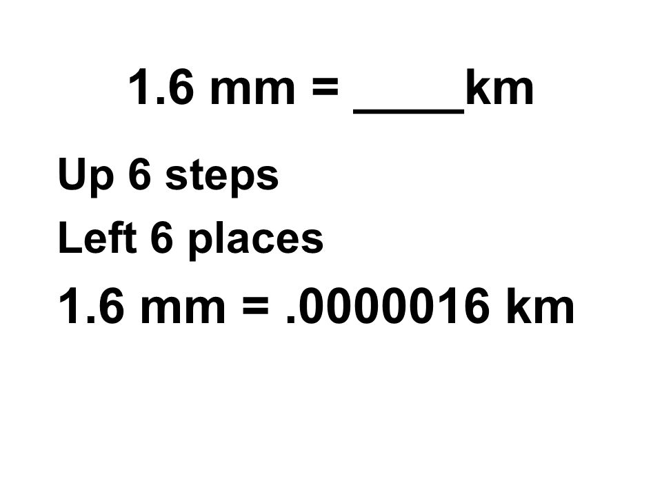 1.6 mm = ____km Up 6 steps Left 6 places 1.6 mm = km