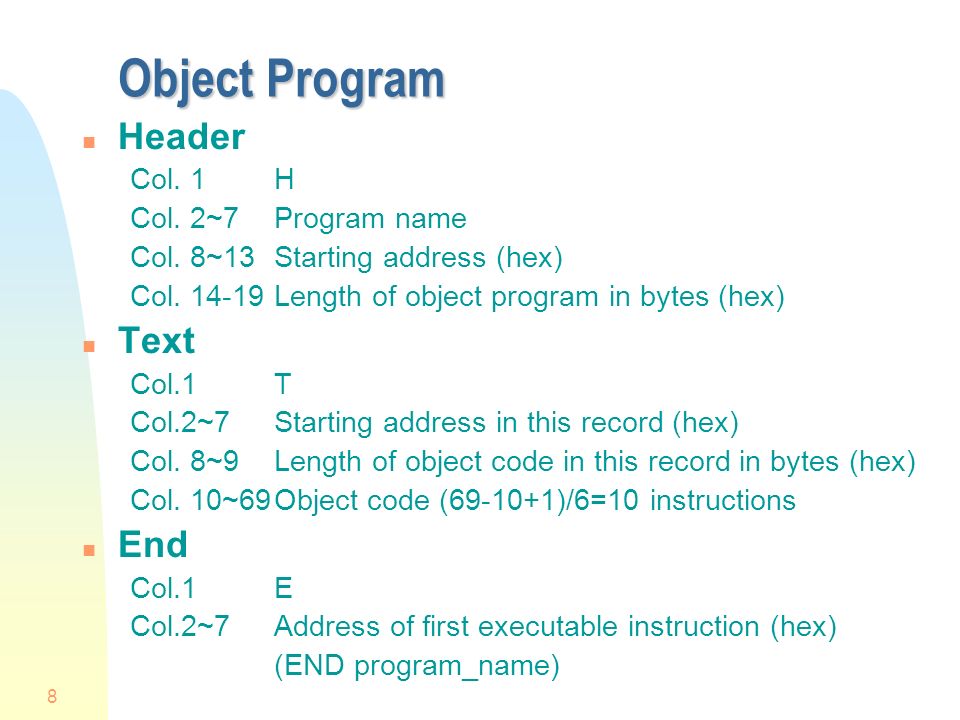 Name start program name. Program name. Object code.
