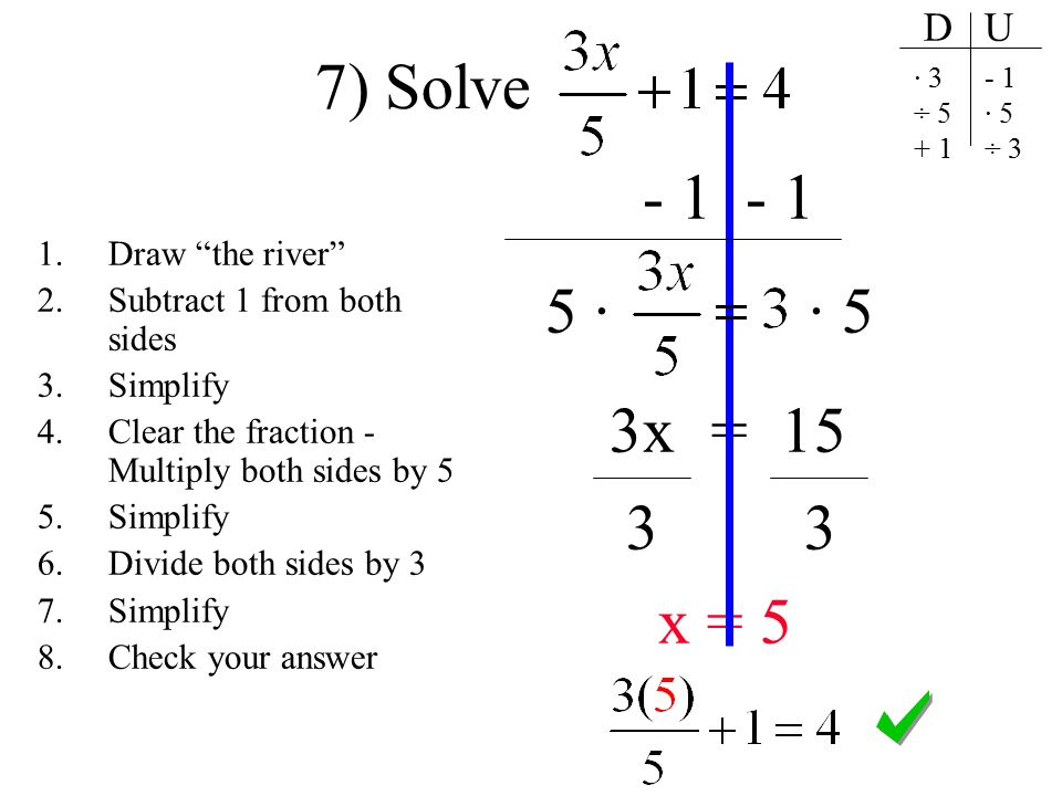 · · 5 3x = x = 5 7) Solve 1.Draw the river 2.Subtract 1 from both sides 3.Simplify 4.Clear the fraction - Multiply both sides by 5 5.Simplify 6.Divide both sides by 3 7.Simplify 8.Check your answer D U · 3 ÷ · 5 ÷ 3