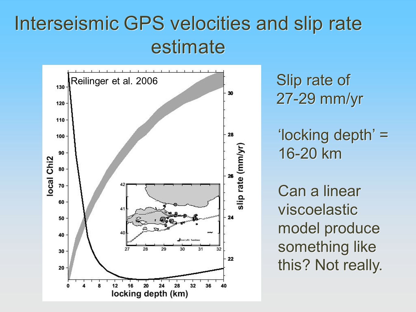 Interseismic GPS velocities and slip rate estimate Slip rate of mm/yr Slip rate of mm/yr ‘locking depth’ = km Reilinger et al.