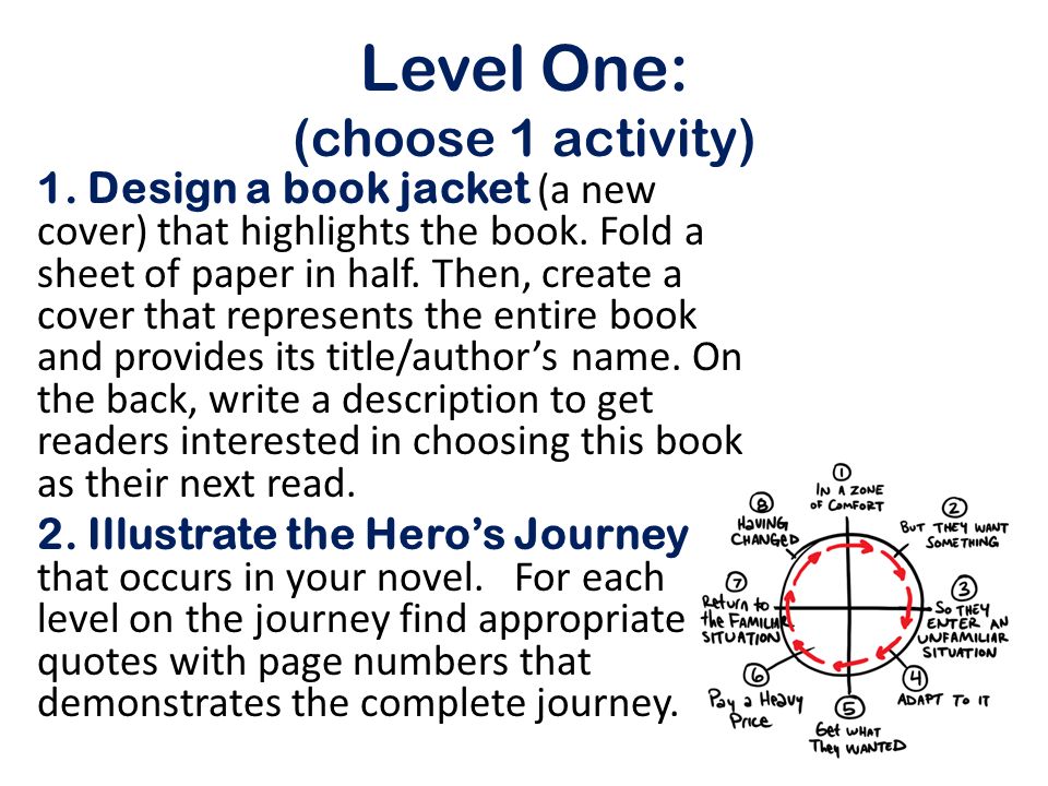 Level One: (choose 1 activity) 1. Design a book jacket (a new cover) that highlights the book.