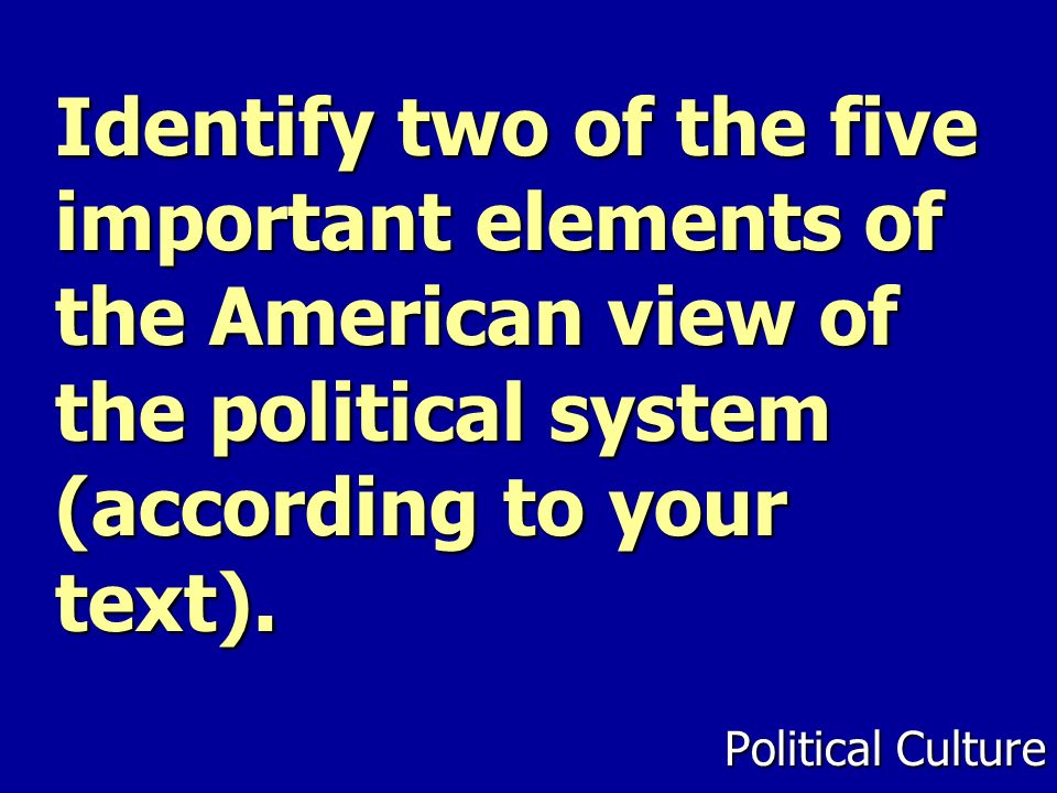 Identify two of the five important elements of the American view of the political system (according to your text).
