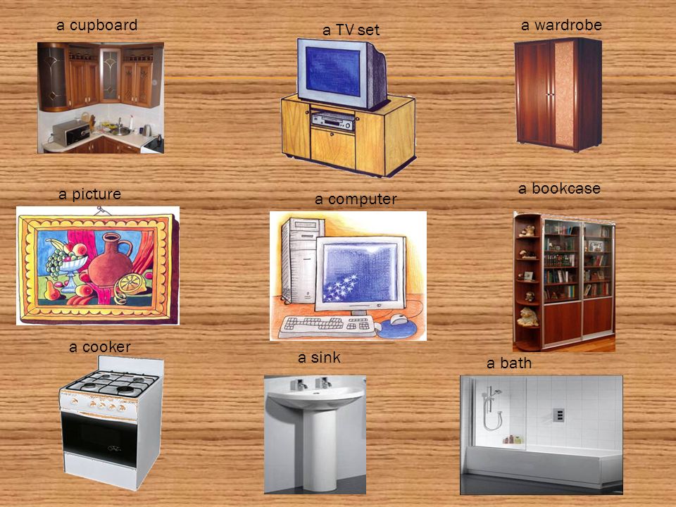a cupboard a TV set a wardrobe a picture a computer a bookcase a cooker a sink a bath