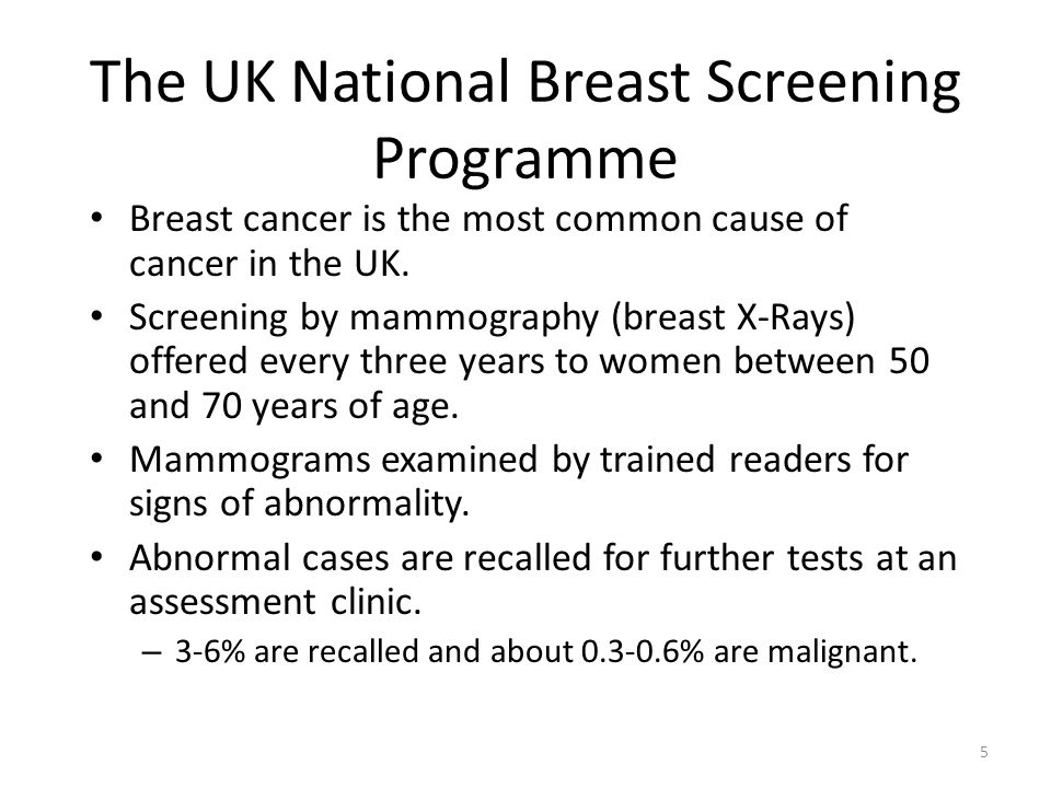 The UK National Breast Screening Programme Breast cancer is the most common cause of cancer in the UK.