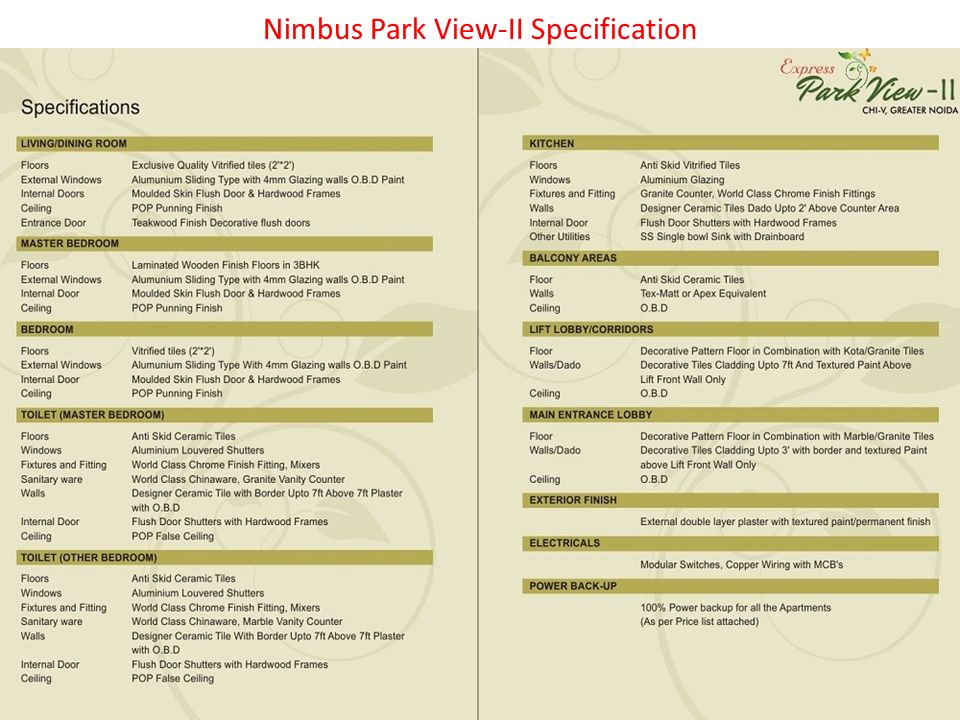 Nimbus Park View-II Specification