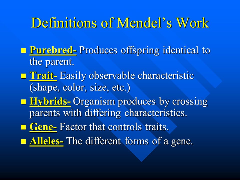 Definitions of Mendel’s Work Purebred- Produces offspring identical to the parent.