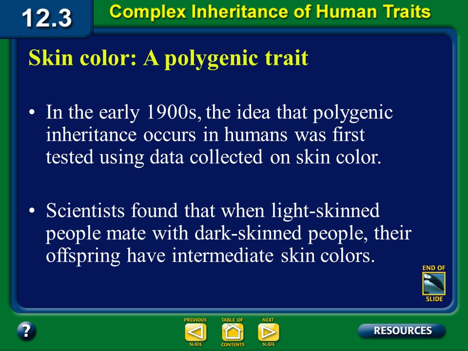 Section 12.3 Summary – pages Although many of your traits were inherited through simple Mendelian patterns or through multiple alleles, many other human traits are determined by polygenic inheritance.