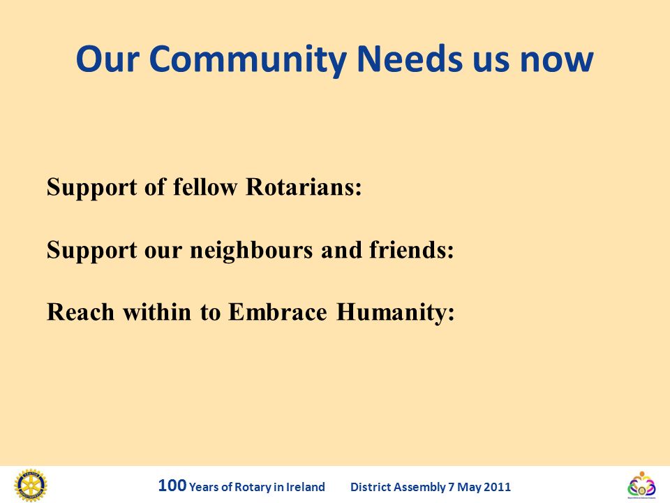 Our Community Needs us now 100 Years of Rotary in Ireland District Assembly 7 May 2011 Support of fellow Rotarians: Support our neighbours and friends: Reach within to Embrace Humanity: